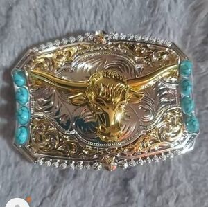 Longhorn steer western gold silver turquoise Color belt buckle